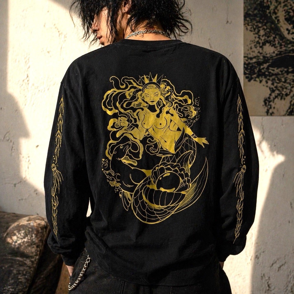 Y2K Mermaid Graphic Tee‎ Mens M Black Gold Tattoo Grunge Streetwear